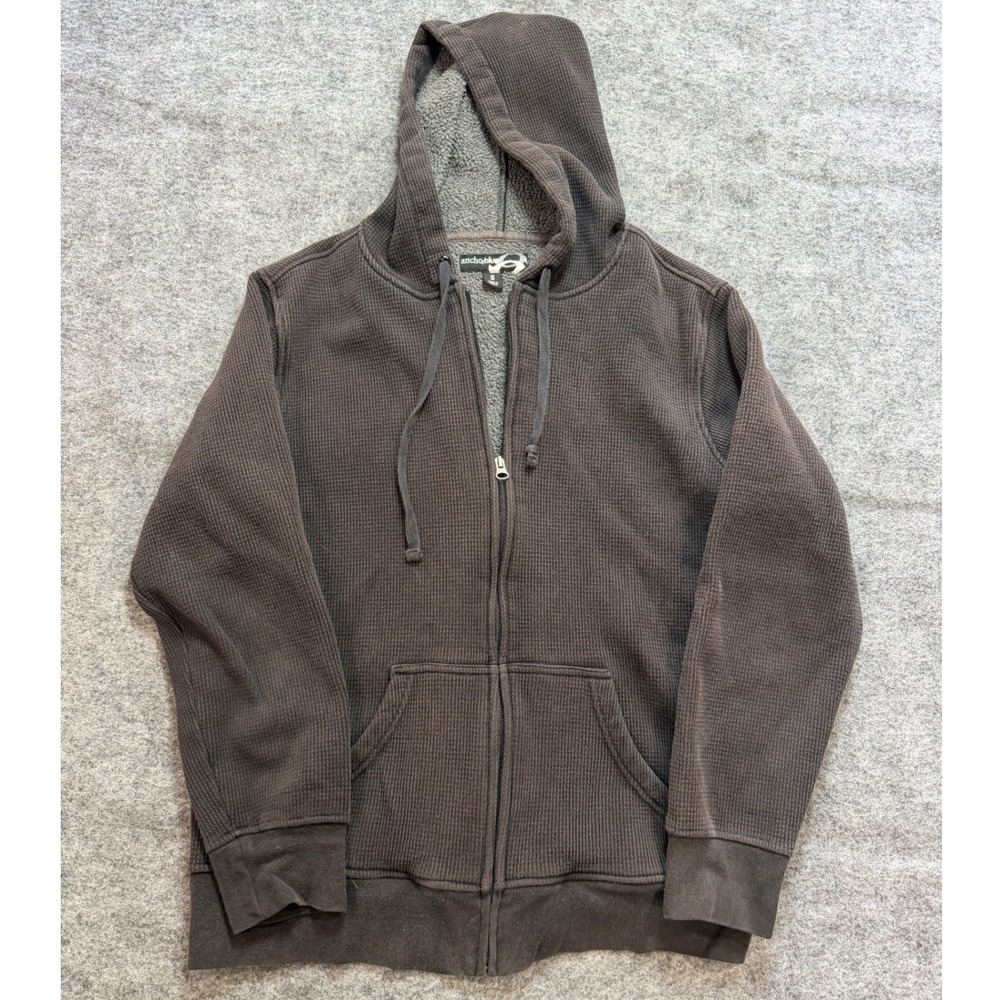 Y2K Anchor Blue Mens Small Thermal Waffle Knit Sherpa Line Full Zip Hoodie Gray